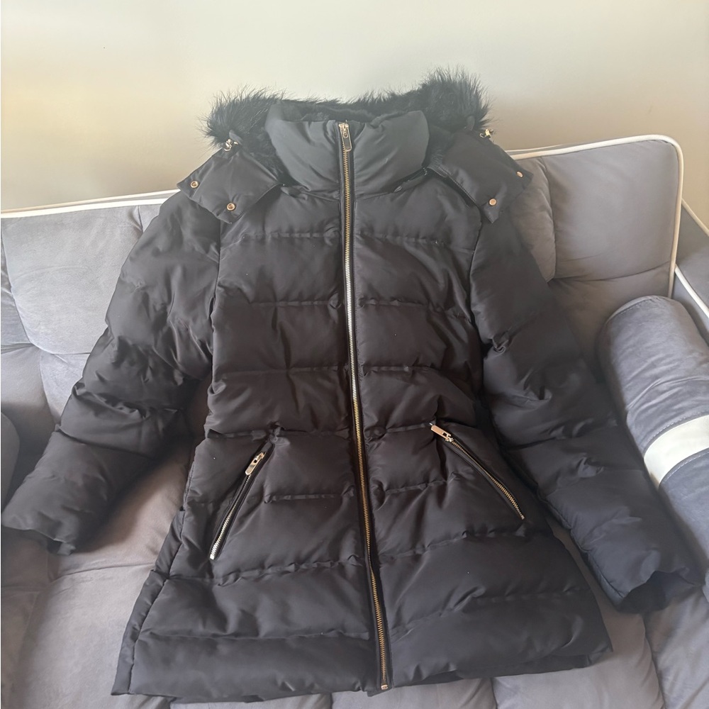 Zara Black Puffer Jacket with Faux Fur Trim